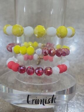 Gemjams By Erimish Yellow, White & Red Beaded Stretch Bracelet Set